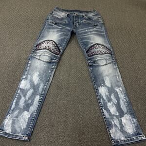 Dript Jeans Mens 30 Blue Distressed Shark Embroidered Patch Denim Streetwear